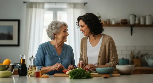 A joyful interaction between an older woman and a younger woman in a cozy kitchen while preparing food together.